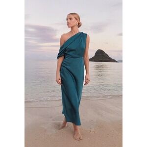 NWT LULUS Renowned  Refinement Teal Satin Asymmetrical One Shoulder Midi Dress S
